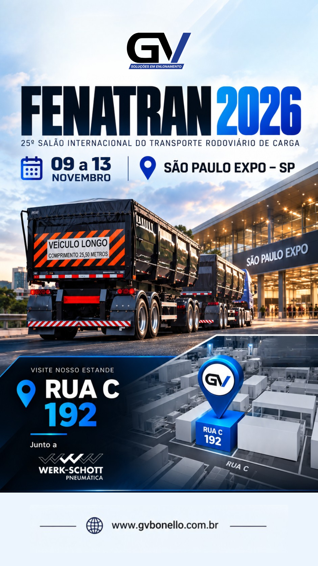 GV Bonello na Fenatran 2026, de 9 a 13 de novembro no São Paulo Expo, estande Rua C 192